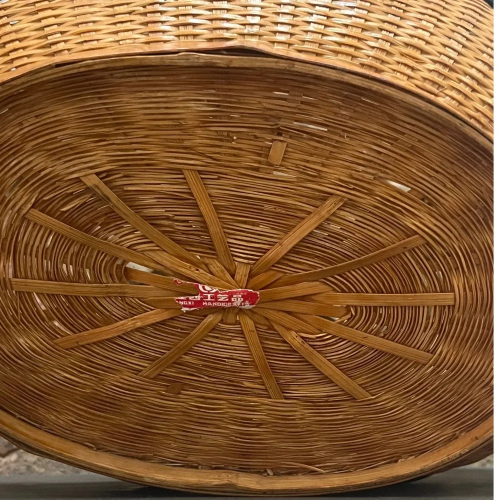 Vtg Shanghai Wicker Rare Panda basket wood and wicker Boho woven rattan Folk Art